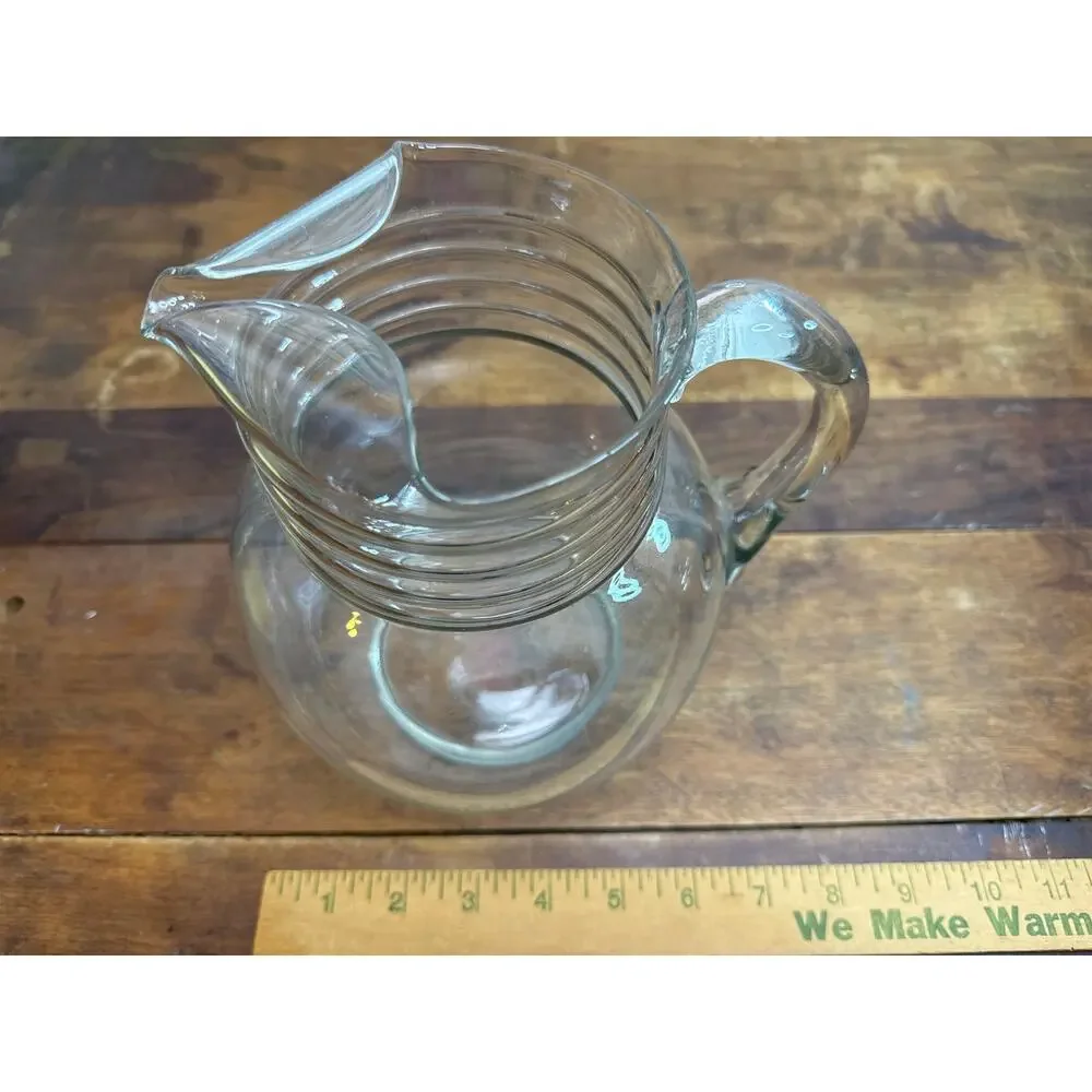 Vintage Heavy Clear Glass Ribbed Cottage Farmhouse Style Jug Pitcher With Handle